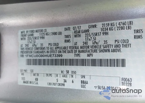 2017 Ford Escape Se from USA, damaged, VIN 1FMCU0G90HUE73399